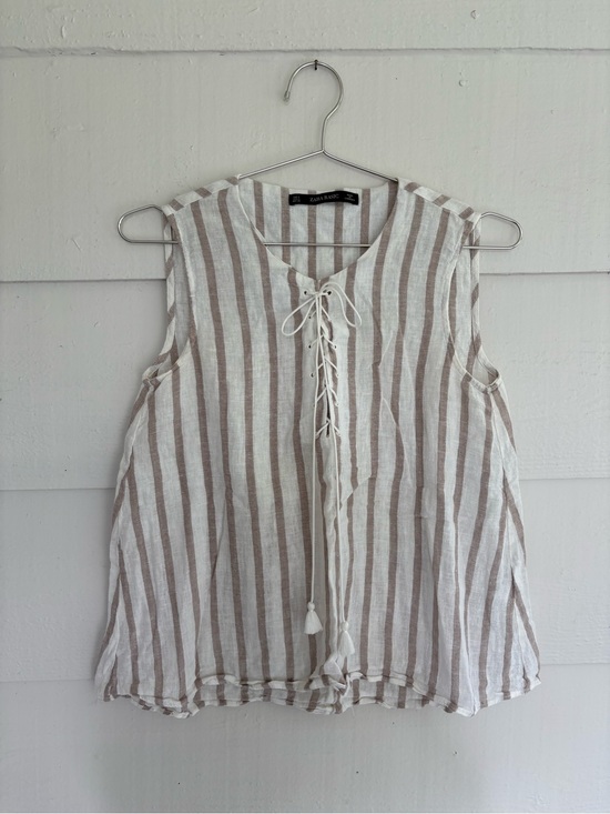 Zara Tops - Zara Striped Linen Blend Sleeveless Lace Up Top Small Boho Fisherman Basic Beach